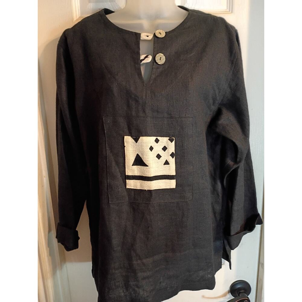 My Tribe Joy Burton Linen Top Black Tan Design Accent Buttons Sz L Lagonlook